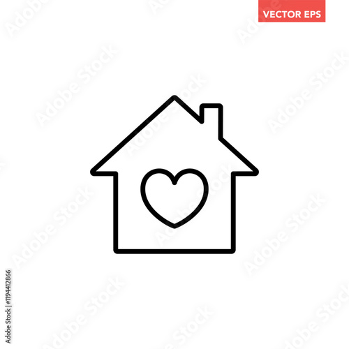 Black single house with heart line icon, simple home care graphic flat design pictogram vector for app ads web banner button ui interface elements isolated on white background
