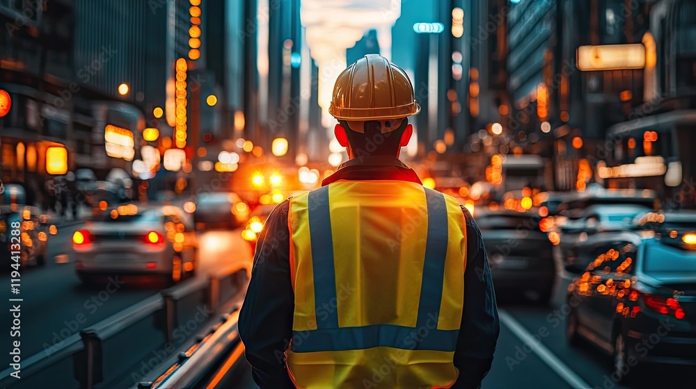 Construction worker overseeing city traffic at dusk Construction worker overseeing city traffic at dusk