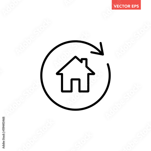 Single black house renovation line icon, simple update home with arrow flat design pictogram vector for app logo ads web webpage button ui ux interface elements isolated on white background