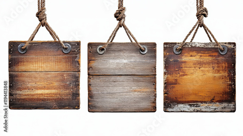 Fototapeta Naklejka Na Ścianę i Meble -  Wooden boards metal frame hang on ropes set. Realistic signboards with wood texture, banner label for bar saloon in rustic style. Blank vintage plank panels for menu, pub entrance vector illustration