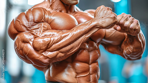 Close-up of a very muscular man's torso. Biceps, triceps, shoulders and abs are visible. The muscles are very developed and well-defined, the skin is shiny, probably from oil or sweat. photo