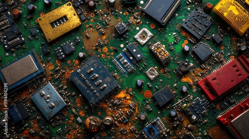 Close-up of a complex circuit board with various components photo