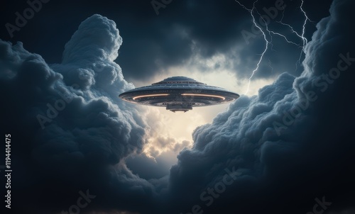 Mysterious UFO hovering above stormy clouds photo