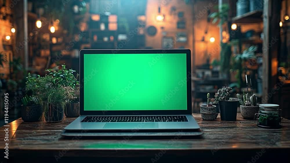 Laptop with Green Screen in Cozy Cafe: A sleek laptop with a vibrant green screen sits atop a rustic wooden table in a charming cafe, bathed in warm, ambient lighting. Laptop with Green Screen in Cozy Cafe: A sleek laptop with a vibrant green screen sits atop a rustic wooden table in a charming cafe, bathed in warm, ambient lighting.