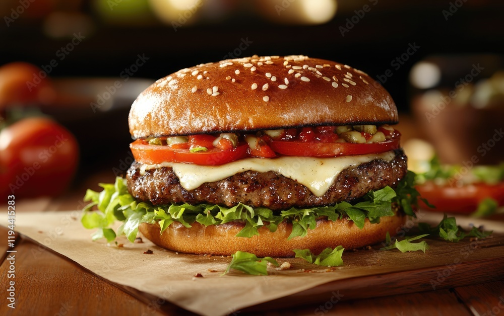 A mouthwatering burger featuring a perfectly cooked beef patty, fresh lettuce, ripe tomatoes, and melted cheese, all nestled in a sesame seed bun A mouthwatering burger featuring a perfectly cooked beef patty, fresh lettuce, ripe tomatoes, and melted cheese, all nestled in a sesame seed bun