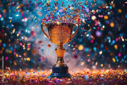 Golden Trophy with Colorful Confetti Celebrating Victory and Achievement in a Vibrant Festive Atmosphere