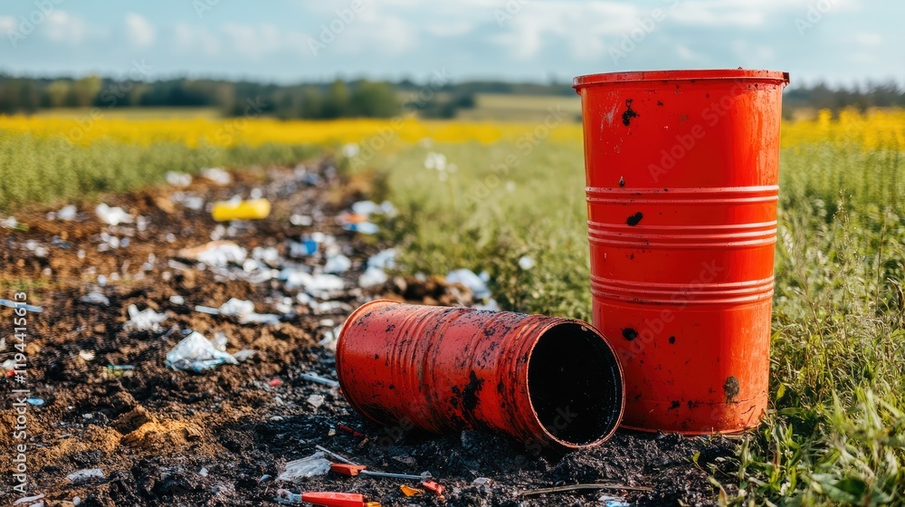 Pollution in a rural landscape with discarded barrels Pollution in a rural landscape with discarded barrels