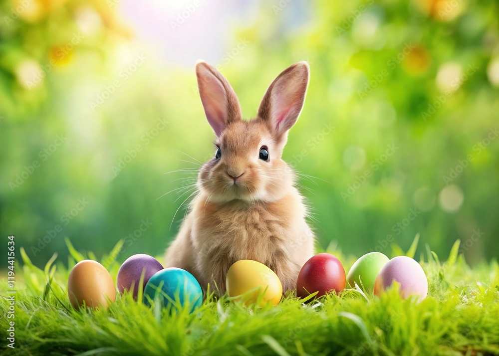 Fototapeta premium Adorable Easter Bunny & Colorful Eggs on Lush Green Grass - Spring Holiday Stock Photo
