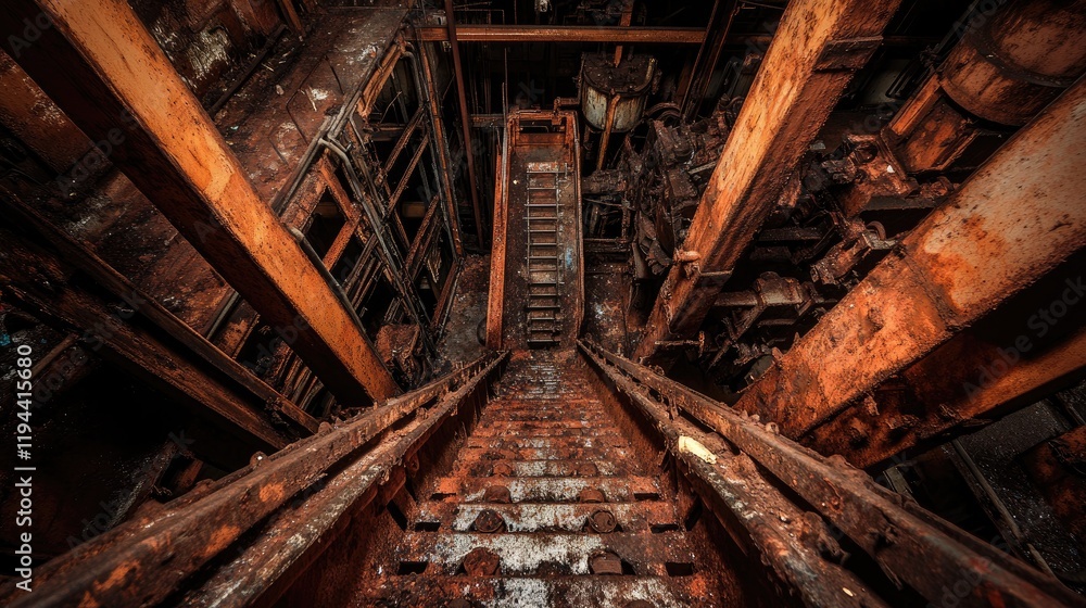 Abandoned industrial staircase in a rusty machinery setting