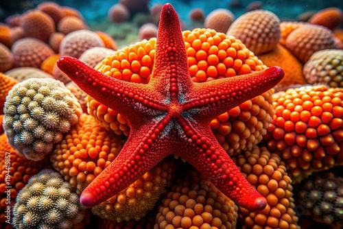 Aerial View: Red Indian Sea Star (Formia Indica) near Red Sea Sponge photo