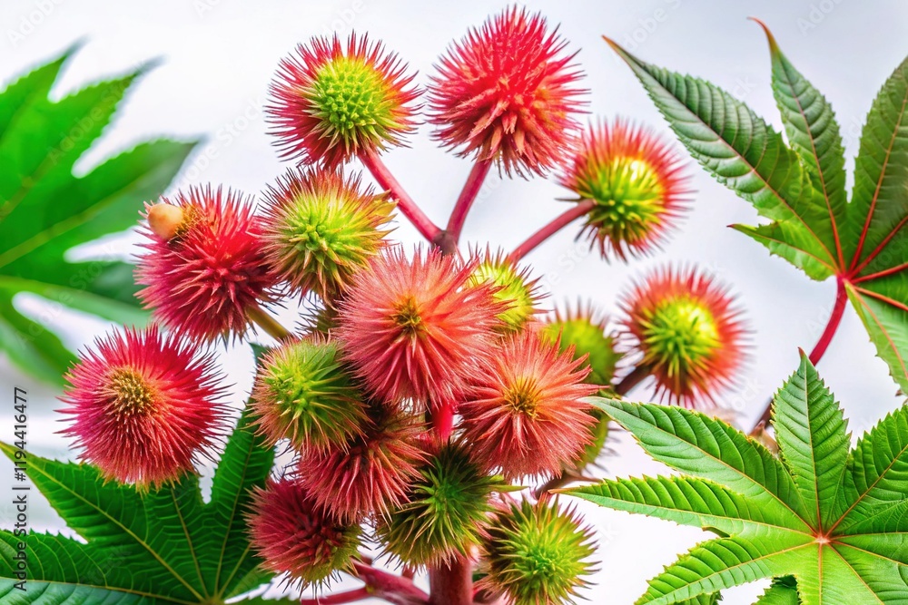 Castor Bean Plant, Ricinus communis, Mature Seeds and Leaves, Detailed Close-up Castor Bean Plant, Ricinus communis, Mature Seeds and Leaves, Detailed Close-up