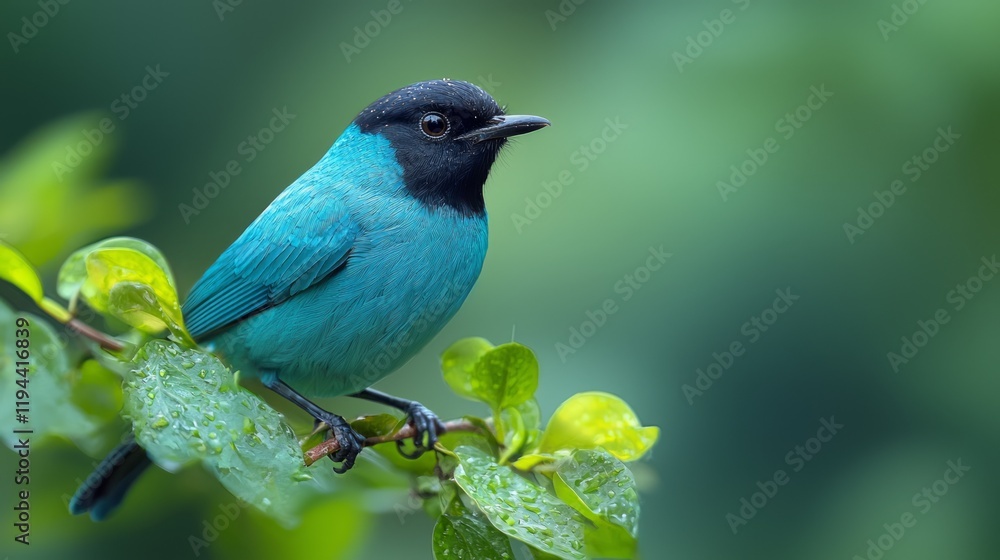 Naklejka premium Vibrant blue bird perched on branch, rainforest background; nature, wildlife photography