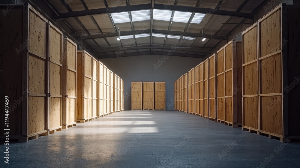 Spacious warehouse with wooden storage crates and natural light Spacious warehouse with wooden storage crates and natural light