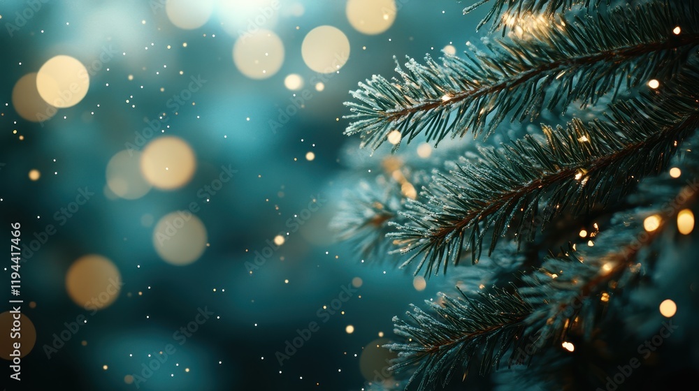 Frosty pine branches with twinkling lights in a winter wonderland scene Frosty pine branches with twinkling lights in a winter wonderland scene