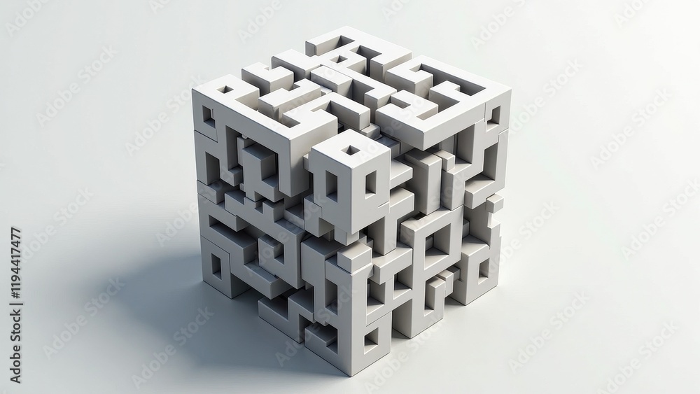 A close-up view of a captivating white cube with intricate 3D mazes, resting on a stark white surface. Its delicate shadow stretches elegantly to the left, adding depth and intrigue to the scene A close-up view of a captivating white cube with intricate 3D mazes, resting on a stark white surface. Its delicate shadow stretches elegantly to the left, adding depth and intrigue to the scene