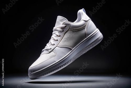 Pair of fashion stylish leather sneakers with flying. Fashionable stylish sports casual shoes. Creative minimalist layout with footwear. Mock up for design advertising for shoe store