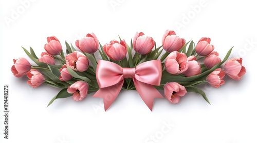 Elegant arrangement of pink tulips with ribbon on white background