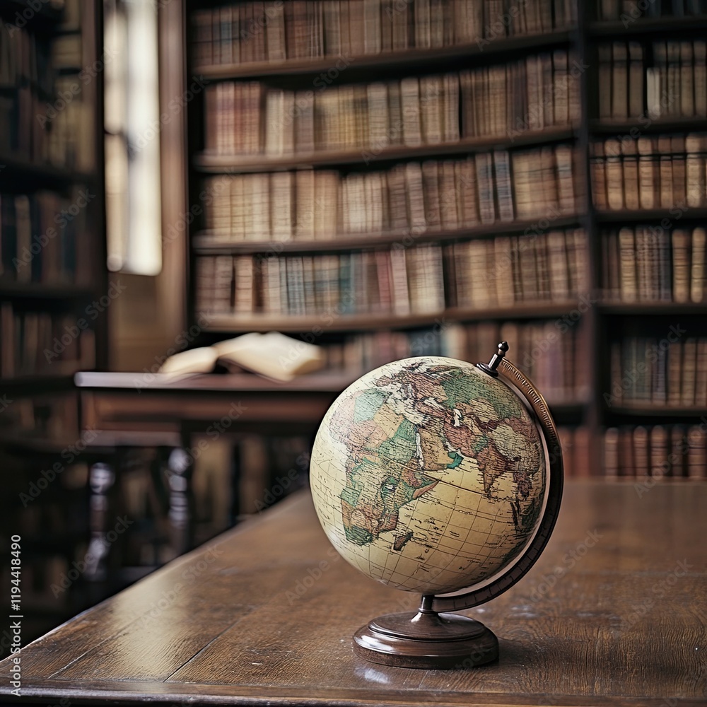 A close up of the globe on the table in the library Books arranged in the background selective focus and shallow depth of field A close up of the globe on the table in the library Books arranged in the background selective focus and shallow depth of field