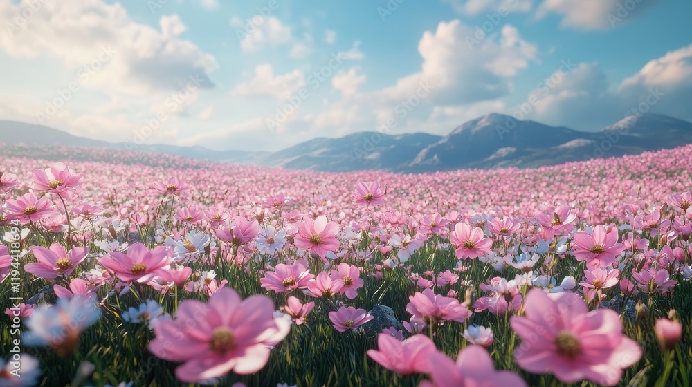 Fototapeta premium Field of blooming pink and white flowers under blue sky with mountains