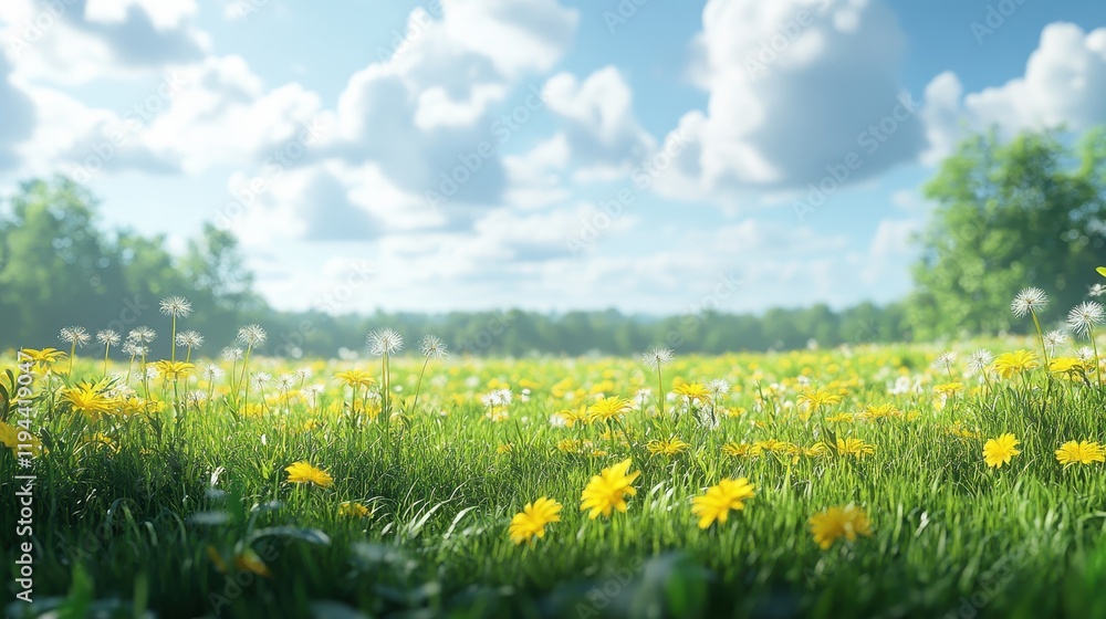 Vast meadow with dandelions and yellow flowers under a cloud-filled sky Vast meadow with dandelions and yellow flowers under a cloud-filled sky