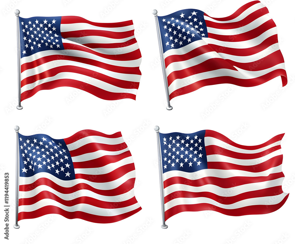 Waving US Flags Isolated on Transparent Background Waving US Flags Isolated on Transparent Background