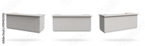 Advertising booth stand mockup. Isolated on white background, compact, attention-grabbing display designed to showcase products or services. White blank kiosk, counter desk, table mock up, 3d render	
