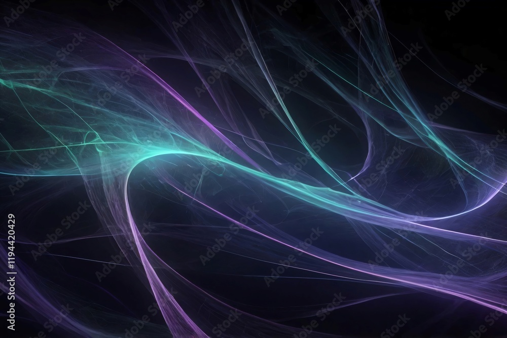 Fototapeta premium An abstract pattern featuring curved and winding lines in shades of purple, blue and green on a dark background. 