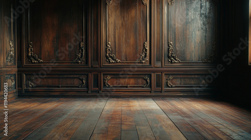 Fototapeta Naklejka Na Ścianę i Meble -  Empty room interior with wooden floor and black panels on wall in vintage victorian style. Vector realistic 3d illustration of house decoration with molding frames on wall