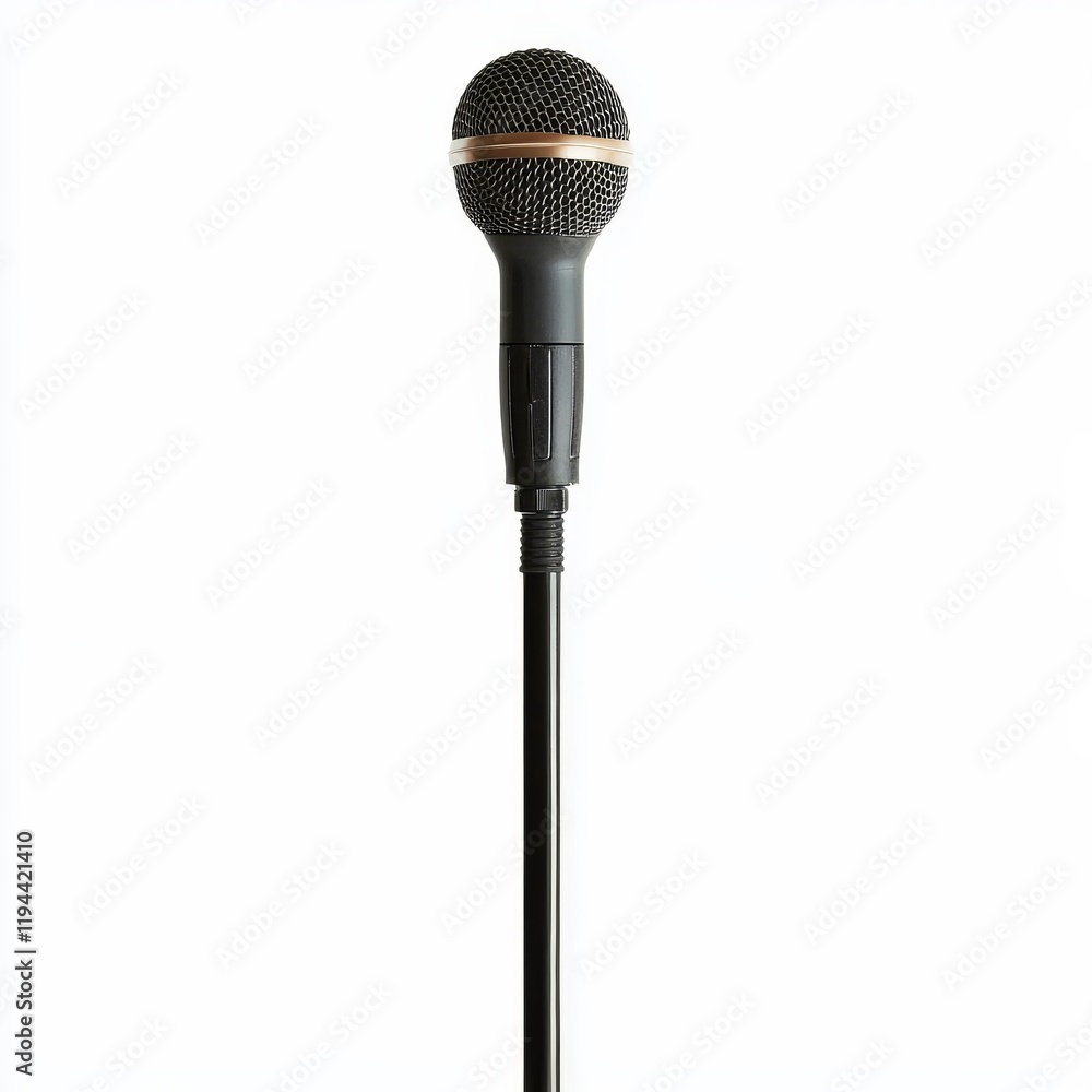 Obraz premium Black microphone on stand, isolated on white.