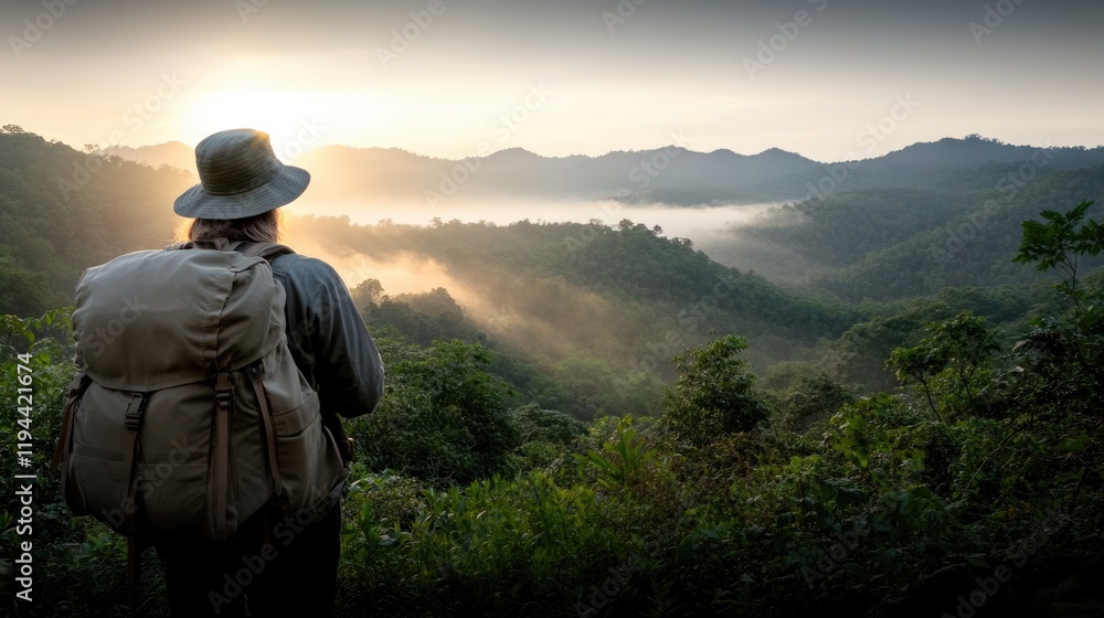 A hiker stands on a mountain ridge, observing the breathtaking sunrise above the misty hills. Lush green foliage surrounds the scene, creating a peaceful atmosphere of nature and exploration A hiker stands on a mountain ridge, observing the breathtaking sunrise above the misty hills. Lush green foliage surrounds the scene, creating a peaceful atmosphere of nature and exploration