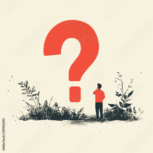 Contemplative Character with Giant Question Mark Vector Illustration