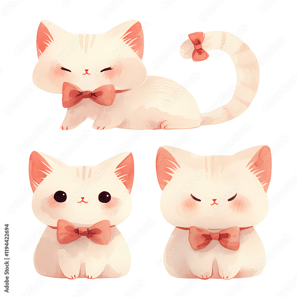 Adorable illustration of three fluffy kittens, each wearing a peach-colored bow tie. Sweet and charming! Adorable illustration of three fluffy kittens, each wearing a peach-colored bow tie. Sweet and charming!