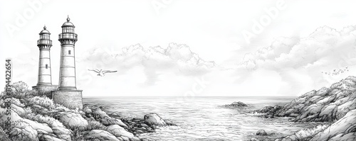 Tranquil coastal scene with dual lighthouses and seagull in black and white sketch photo