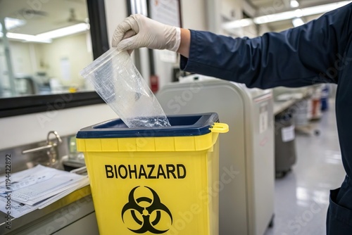 scientist dispose waste in biohazard trash bin