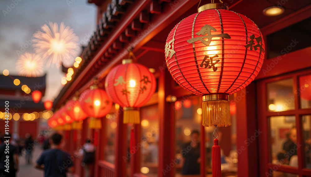 Vibrant Chinese lanterns glowing during Lunar New Year celebration, festivity Vibrant Chinese lanterns glowing during Lunar New Year celebration, festivity