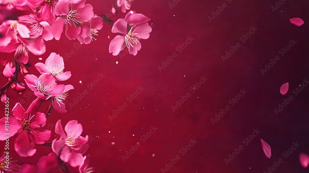 Close-Up of Blooming Cherry Blossoms with Pink Flowers on a Crimson Background, Celebrating Spring Hanami Festival in Japan, Hana Matsuri Banner Concept Close-Up of Blooming Cherry Blossoms with Pink Flowers on a Crimson Background, Celebrating Spring Hanami Festival in Japan, Hana Matsuri Banner Concept