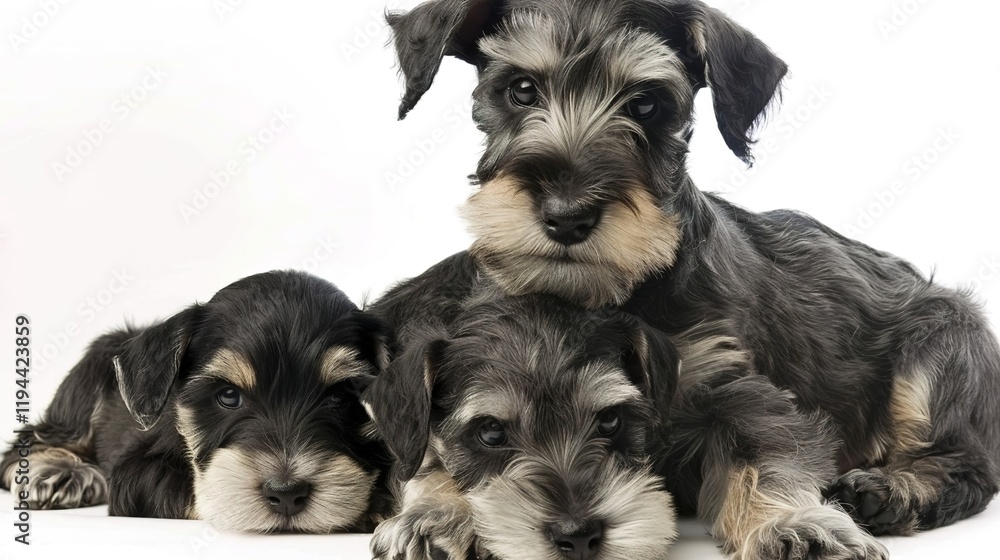 An endearing Miniature Schnauzer with its characteristic wiry coat, alert eyes, and perky ears, showing off its unique charm. A remarkable sight of this small - breed dog. An endearing Miniature Schnauzer with its characteristic wiry coat, alert eyes, and perky ears, showing off its unique charm. A remarkable sight of this small - breed dog.