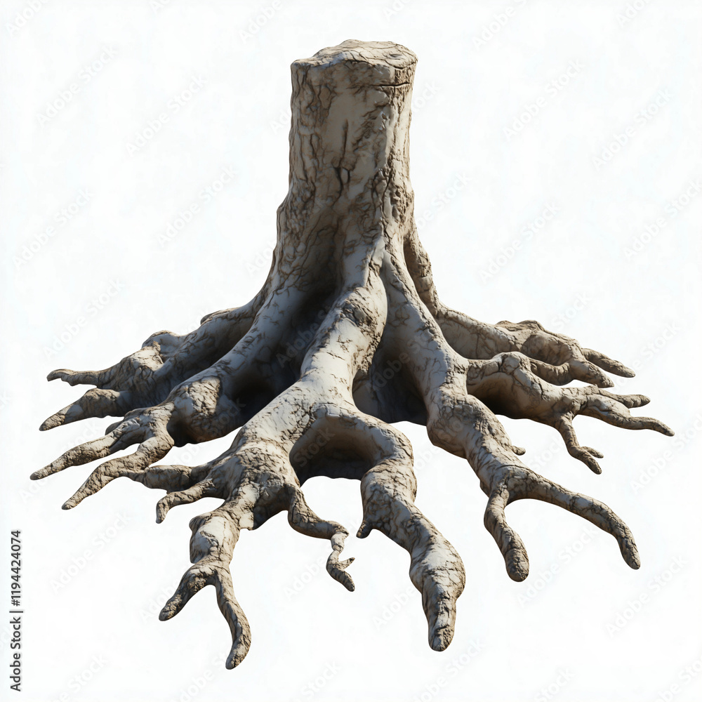 Fototapeta premium Detailed view of a tree stump with exposed roots showcasing intricate textures and unique shapes in a neutral background