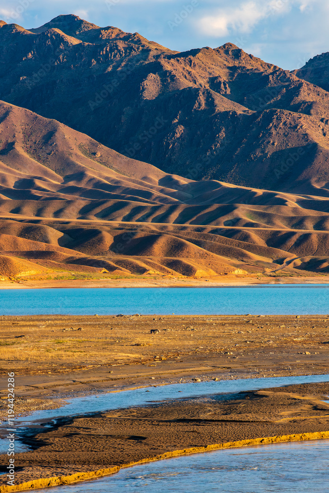 Φωτογραφία Vertical scenic landscape of central asia with amazing combination of dry steppe climate and artificial reservoir bartogay in almaty region of kazakhstan