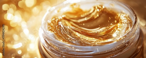 Luxurious golden skincare cream with glittering highlights in jar photo