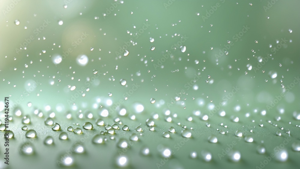 Fototapeta premium Water droplets scatter across a smooth surface, capturing soft light and creating a serene atmosphere in a tranquil setting