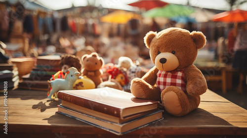 Photos of vintage goods, books and toy in flea market.