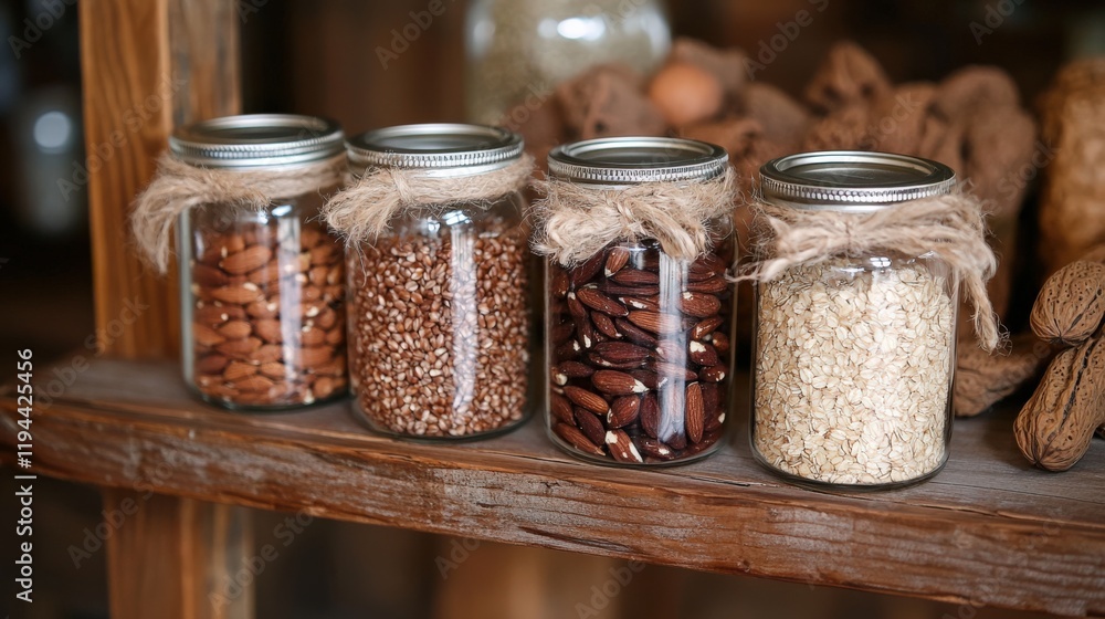 Rustic Wooden Shelf Displaying Four Glass Jars Filled with Nuts and Grains, Perfect for Kitchen Decor or Pantry Organization Rustic Wooden Shelf Displaying Four Glass Jars Filled with Nuts and Grains, Perfect for Kitchen Decor or Pantry Organization