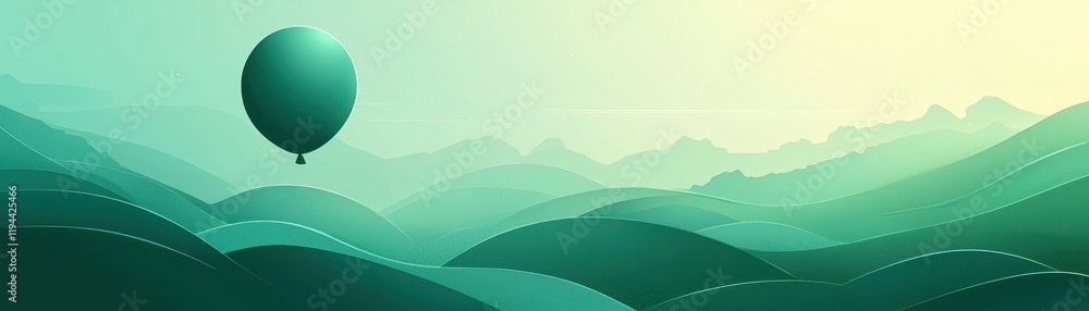 Elegant Floating Green Balloon Over Serene Geometric Landscape Elegant Floating Green Balloon Over Serene Geometric Landscape
