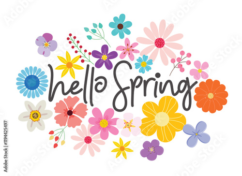 Hello spring greeting text clipart design. Spring flower bouquet in colorful watercolor drawing for greeting and invitation card clip art. Vector illustration floral bouquet design.   
