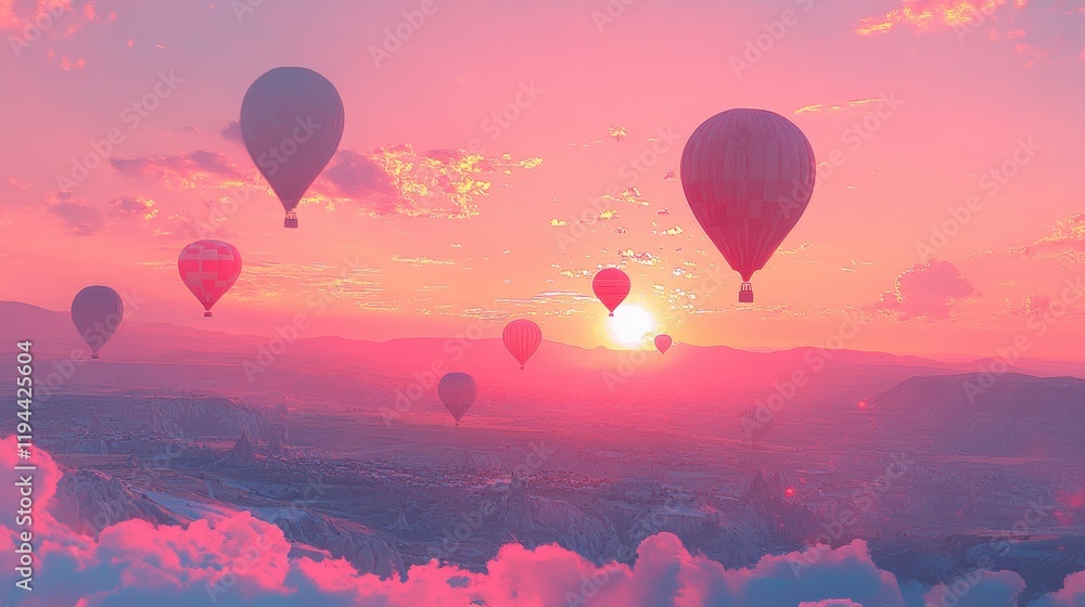 Fototapeta premium Hot air balloons at sunrise over scenic landscape with pink sky