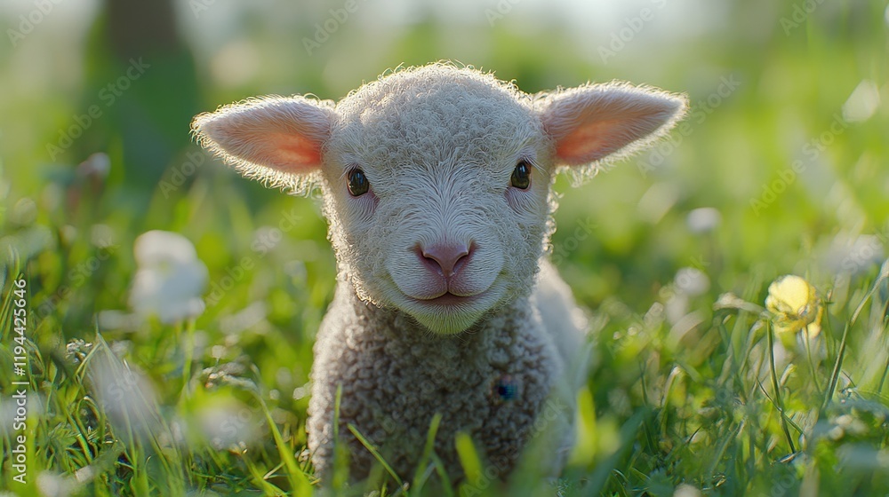 Cute lamb resting on green grass in a sunlit meadow Cute lamb resting on green grass in a sunlit meadow