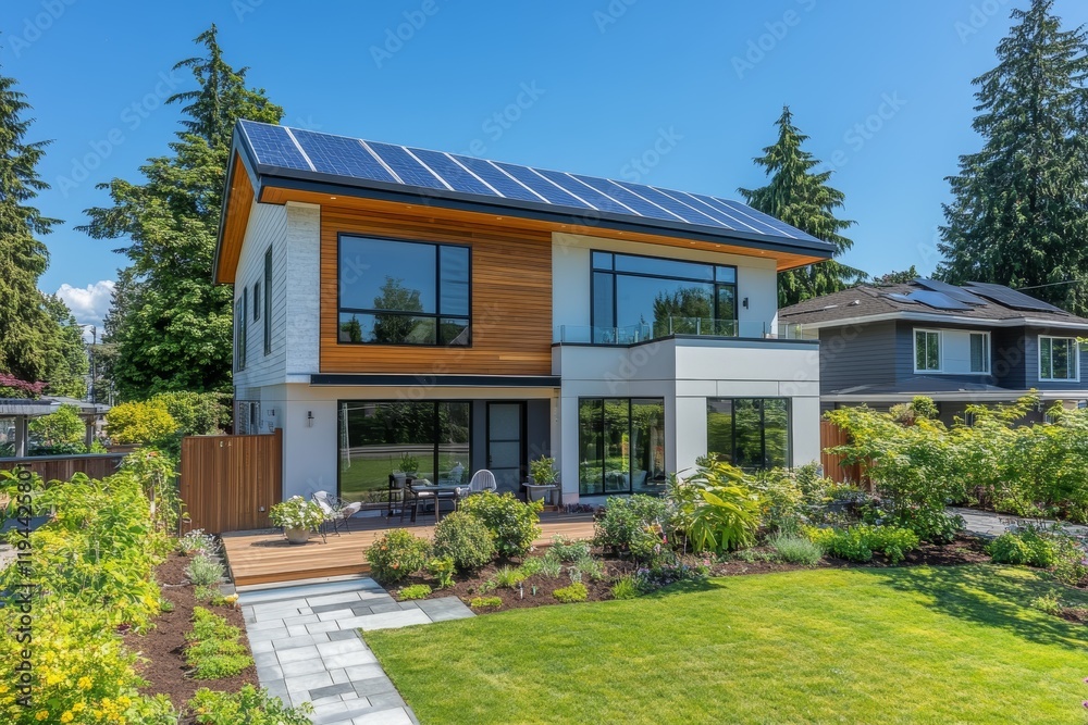 Modern two-story house with solar panels, deck, and landscaped yard. Modern two-story house with solar panels, deck, and landscaped yard.