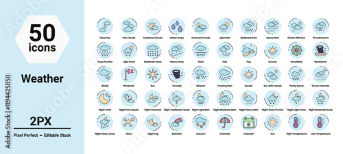 weather icons set such as, 	clear, climate, cloud, cloud computing, cold, colorful, forecast, icon, illustration, meteorology, moon, night, rain, rainy, seasons, set, sky, vector stock illustration