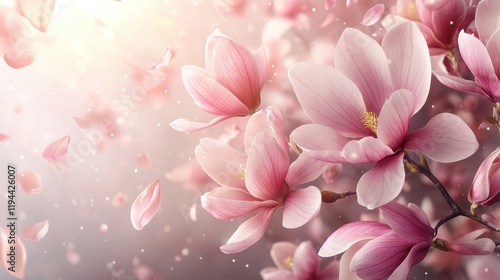 Beautiful pink magnolia blossoms in soft sunlight